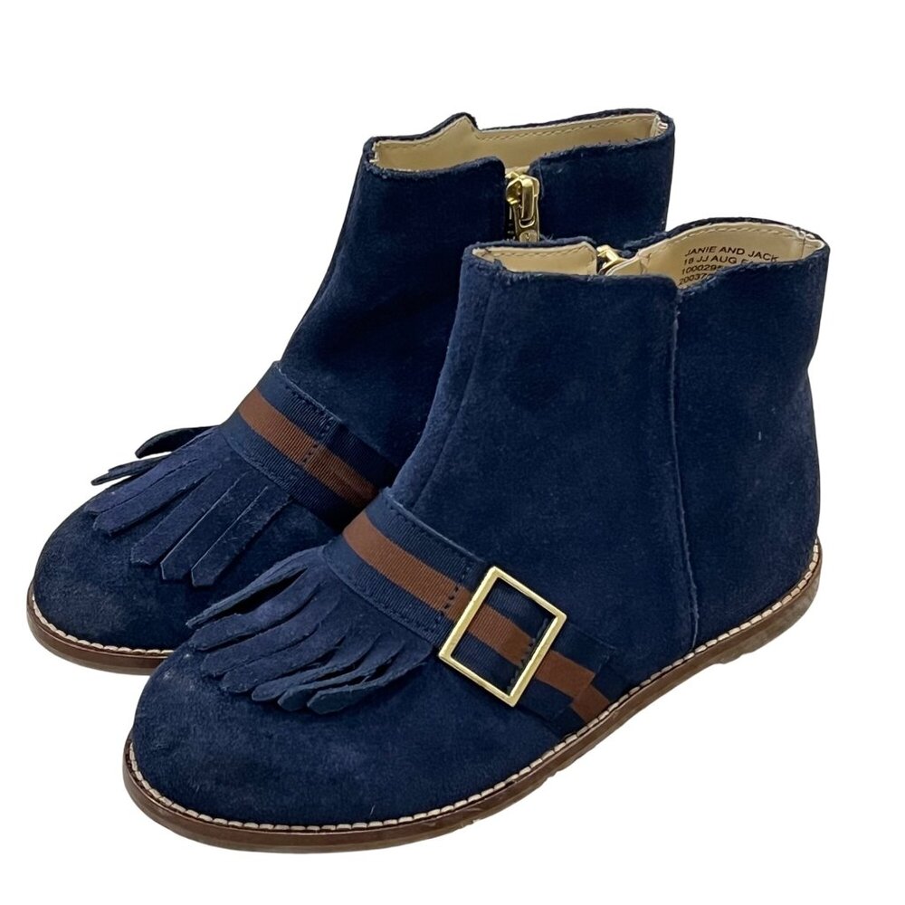Janie And Jack Kids Navy Blue Suede Fringe Ankle Boots With Zipper & Buckle Size